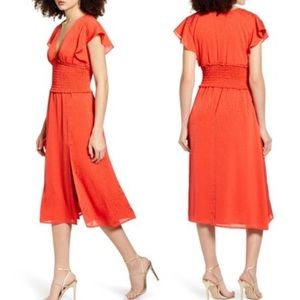 Leith Red Poppy Smoked Waist Midi Dress